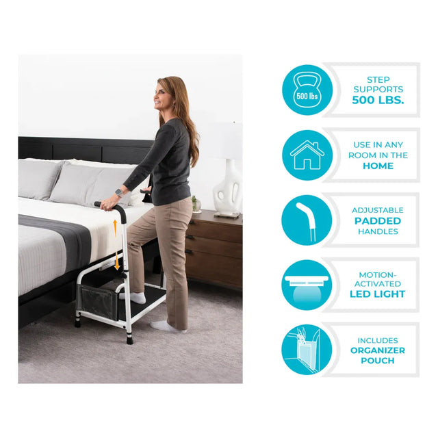 Woman using a step stool in a bedroom with product features listed on the right. - okotoks hc pharmacy