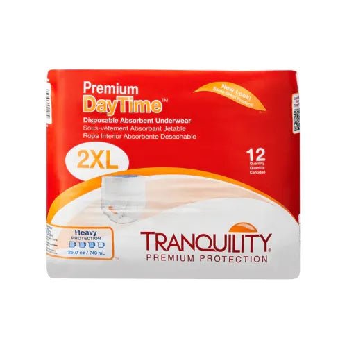Package of Tranquility disposable absorbent underwear for 2XL size on a white background - okotoks hc pharmacy