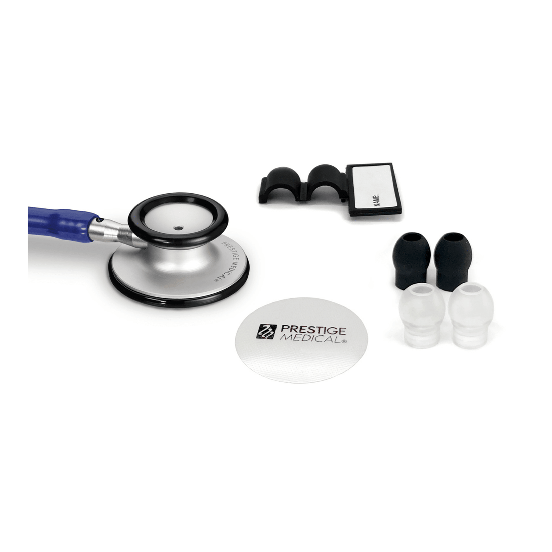 Stethoscope with attachments on a white background, featuring the Prestige Medical logo. - okotoks hc pharmacy