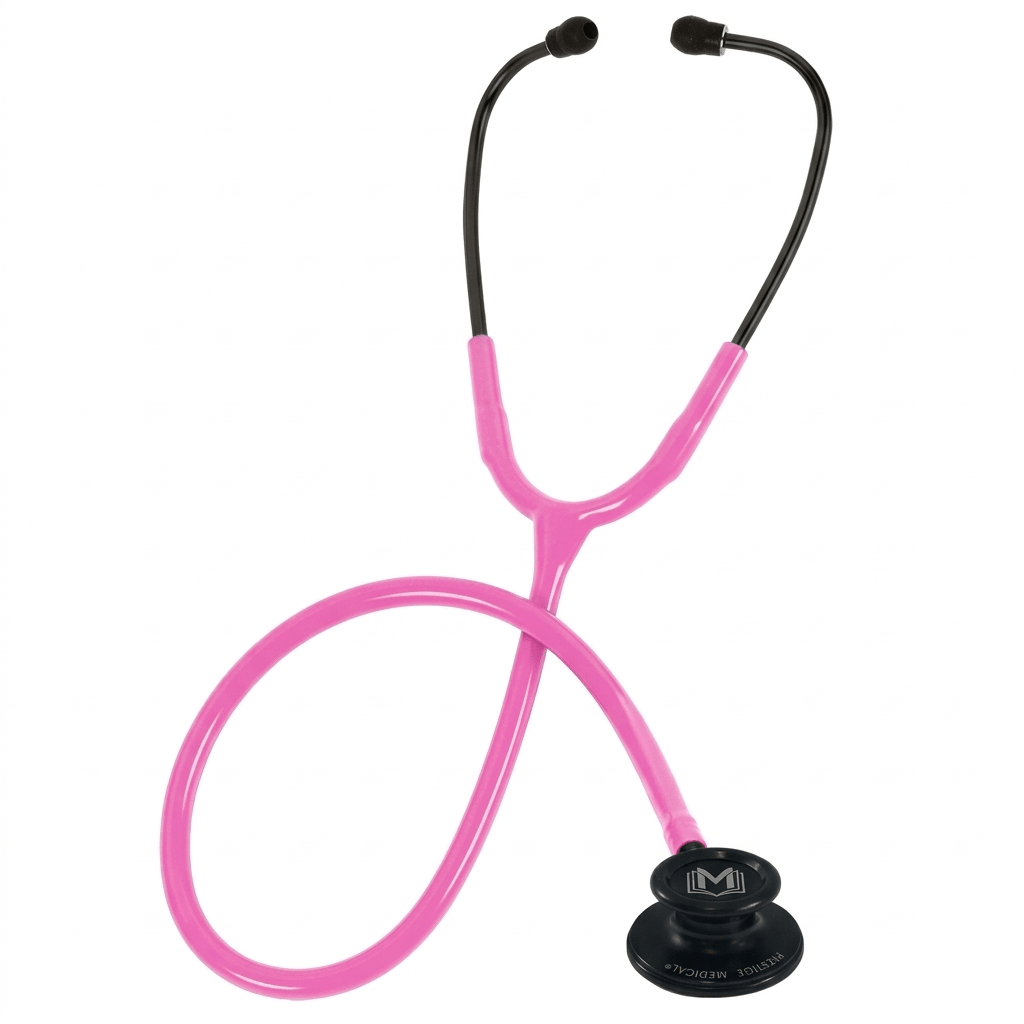Pink stethoscope with black accents on a white background - okotoks hc pharmacy