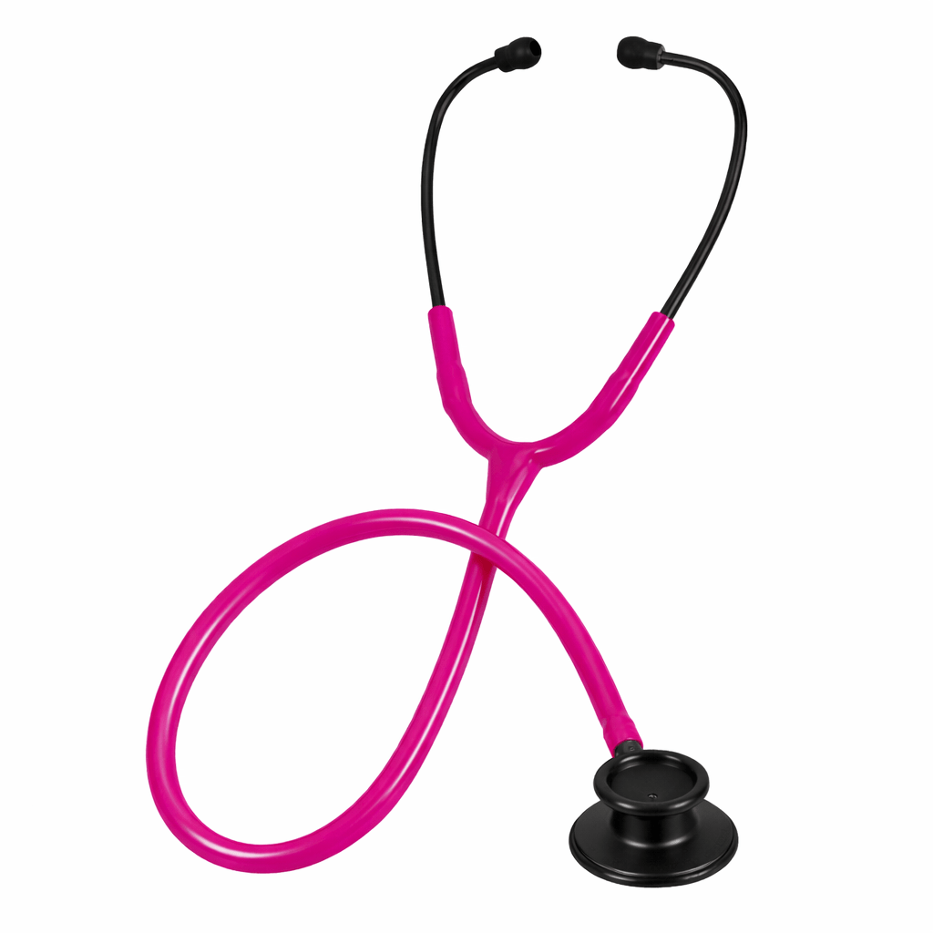 Pink stethoscope with black accents on a white background - okotoks hc pharmacy
