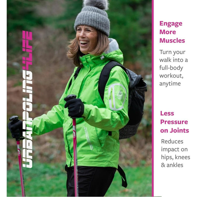 Woman in green jacket with walking poles, surrounded by nature. - okotoks hc pharmacy