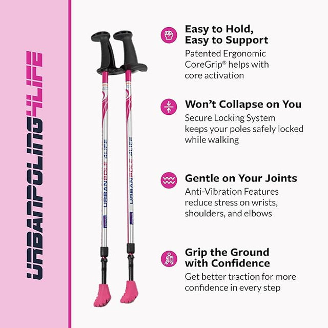 Two pink hiking poles with Urban Pole Life branding on a pink and white background. - okotoks hc pharmacy