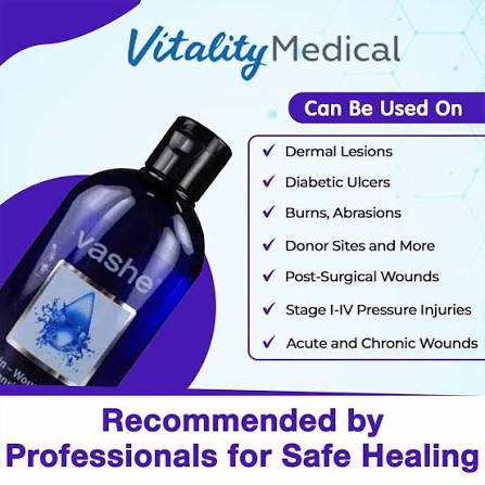 A promotional graphic for Vashe Vitality Medical wound care product, showing a dark blue bottle with a black cap and a white label. The graphic includes text listing conditions it can be used on and a recommendation by professionals for safe healing. - okotoks hc pharmacy