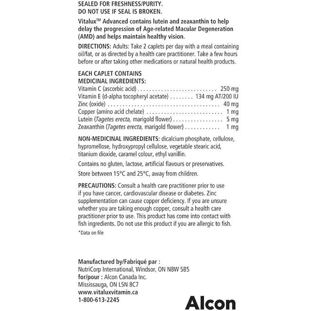 Vitalux eye health supplement label with directions and ingredients on a white background - okotoks hc pharmacy