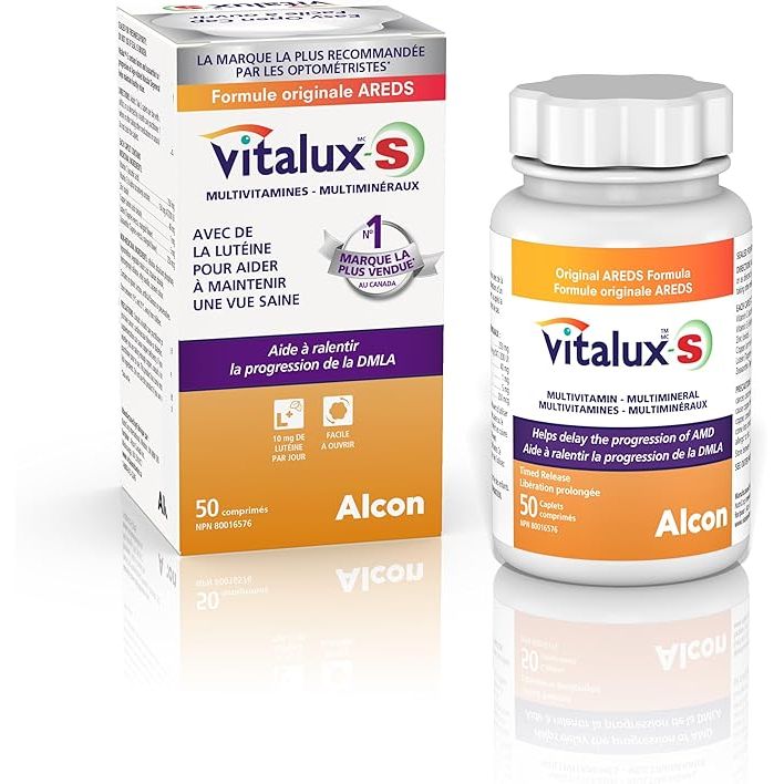 Vitalux S multivitamin bottle and packaging on a white background - okotoks hc pharmacy
