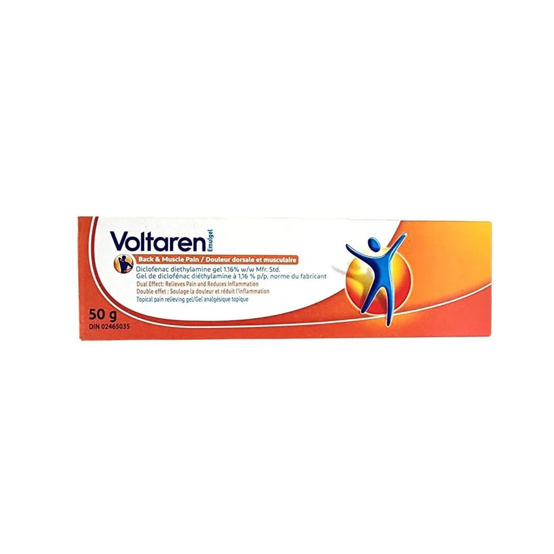 Box of Voltaren gel with orange and blue design on a white background - okotoks hc pharmacy