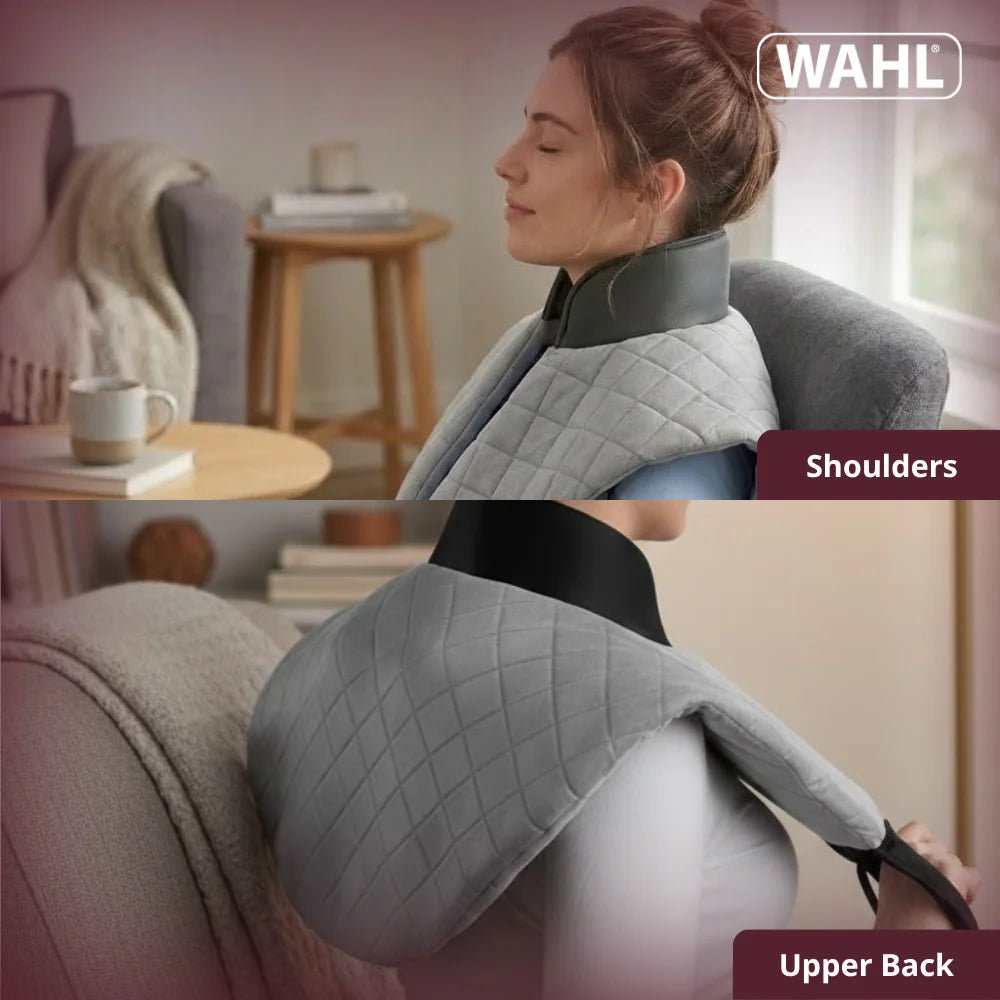 Woman using a gray neck and shoulder massager in a home setting with 'WAHL' branding. - okotoks hc pharmacy