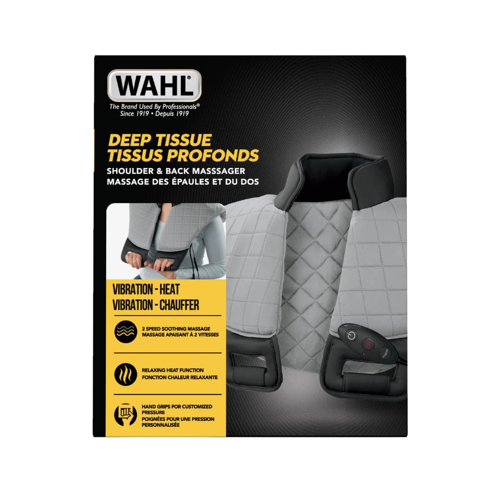 Wahl shoulder and back massager packaging with vibration and heat functions. - okotoks hc pharmacy