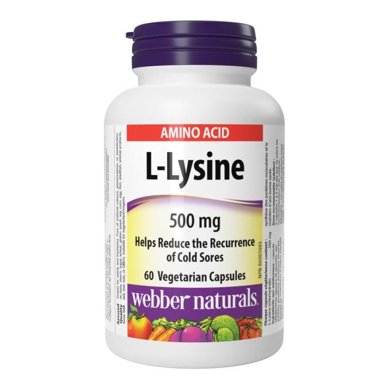 Bottle of L-Lysine supplement by Webber Naturals on a white background - okotoks hc pharmacy