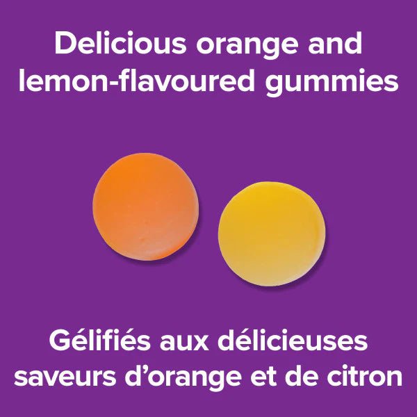 Two orange and yellow gummies on a purple background with text about orange and lemon-flavoured gummies. - okotoks hc pharmacy