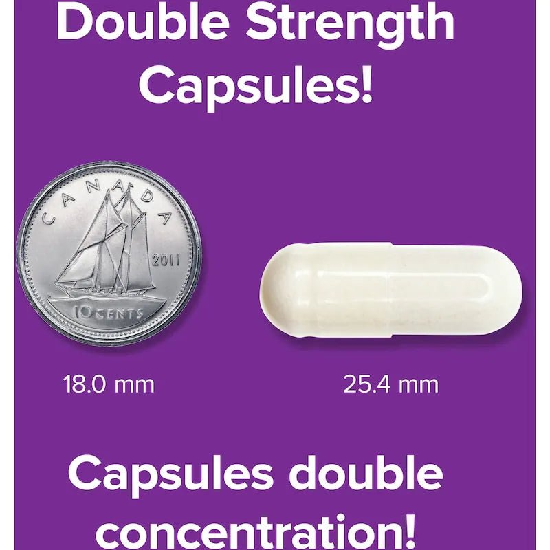 Comparison of a coin and a capsule with text indicating double strength capsules on a purple background. - okotoks hc pharmacy