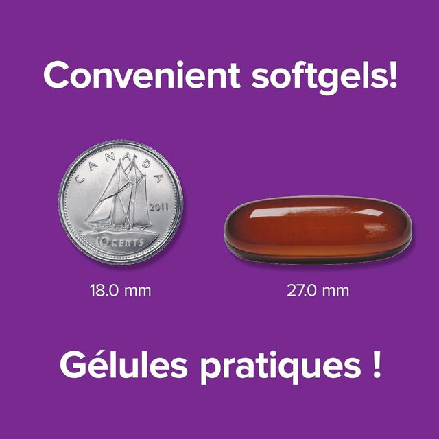 Comparison of a coin and a softgel on a purple background with text about convenience. - okotoks hc pharmacy