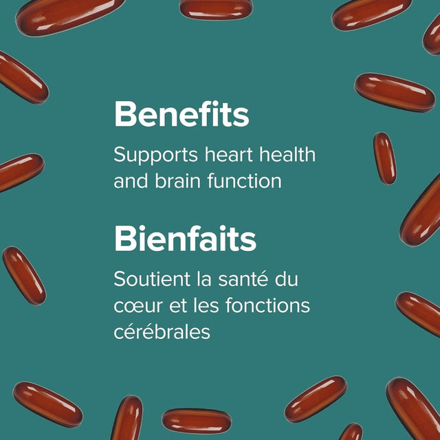 Red capsules on a teal background with text about heart health and brain function. - okotoks hc pharmacy