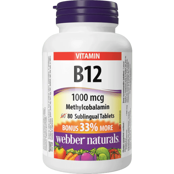 Webber Naturals Vitamin B12 supplement bottle on a white background - okotoks hc pharmacy