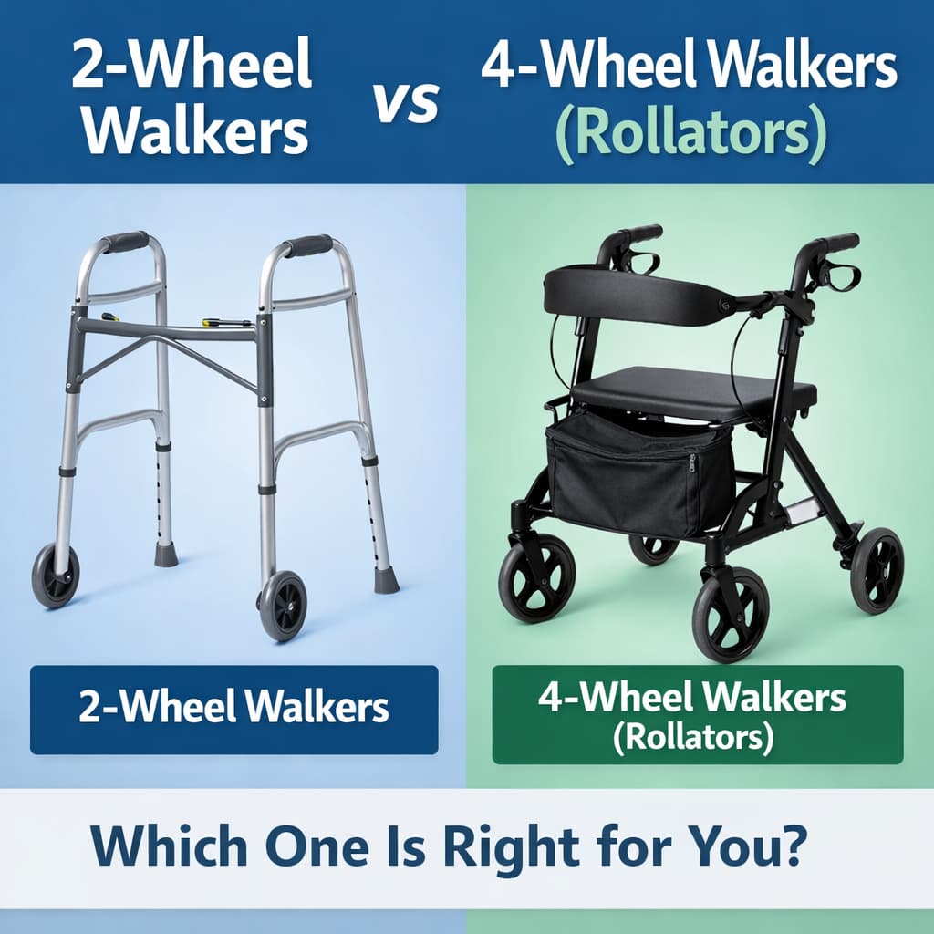 Comparison of a 2-wheel walker and a 4-wheel walker rollator showing differences in stability, mobility, and design