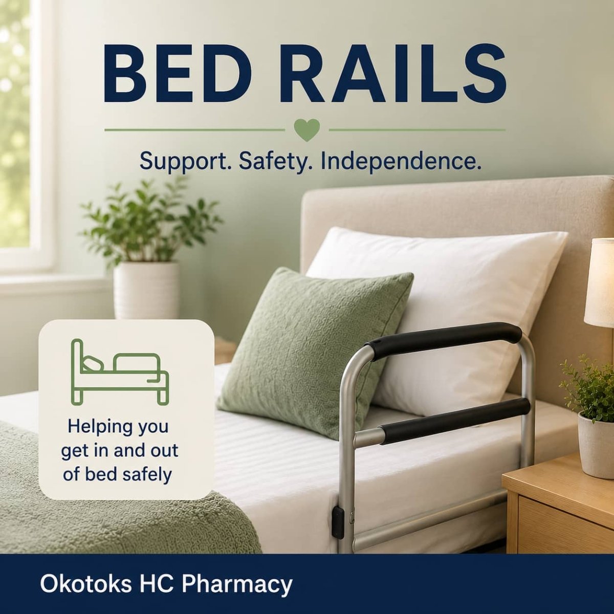 Bedroom with a safety bed rail demonstrating how bed rails can improve safety, support, and independence when getting in and out of bed