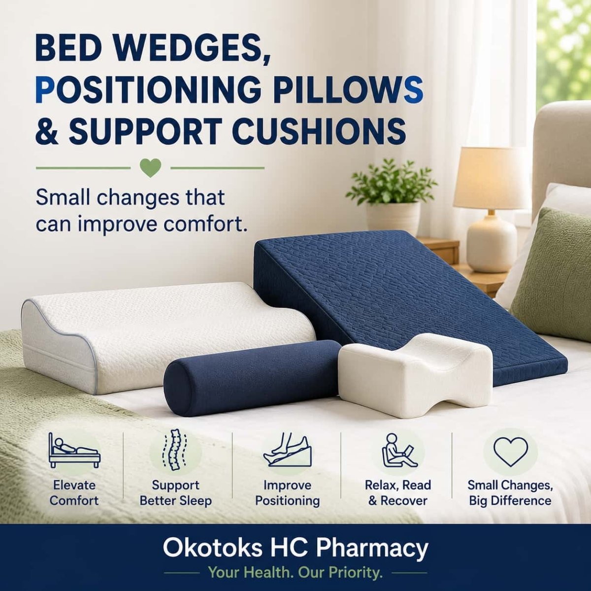 Bed wedges, positioning pillows, bolster, and support cushions displayed on a bed to illustrate comfortable positioning, recovery support, and improved sleep at home