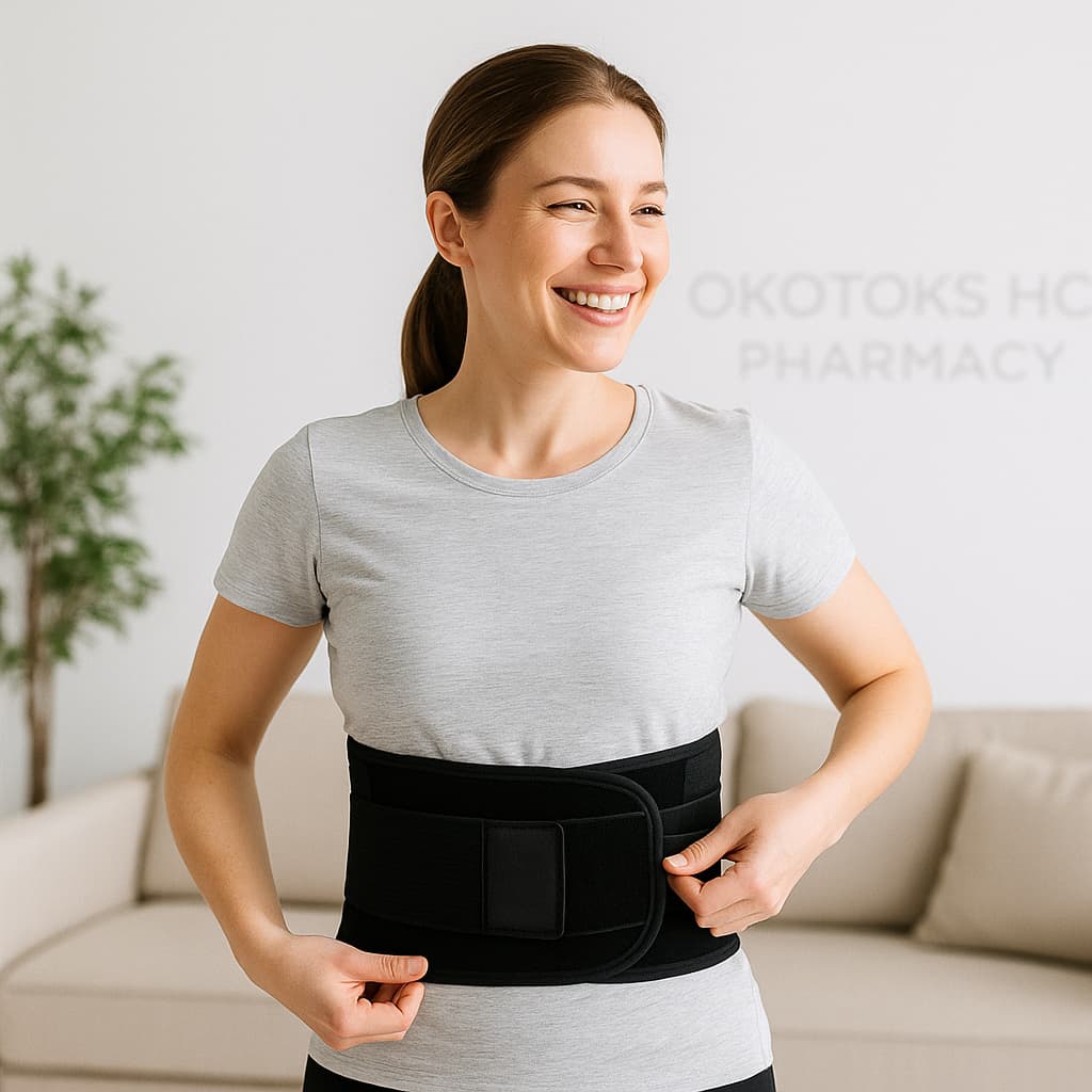 A women wearing Back belt for support -Okotoks HC Pharmacy