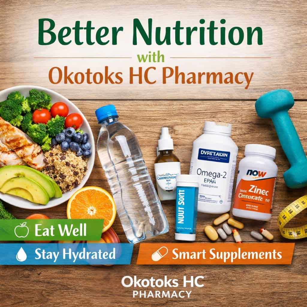 Nutrition Month healthy habits concept showing balanced foods, hydration, and vitamins supporting everyday wellness.