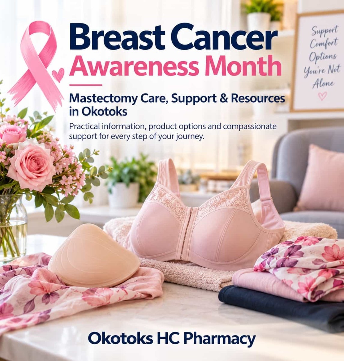 Mastectomy bra, breast form and clothing displayed in a comfortable consultation setting for Breast Cancer Awareness Month at Okotoks HC Pharmacy.