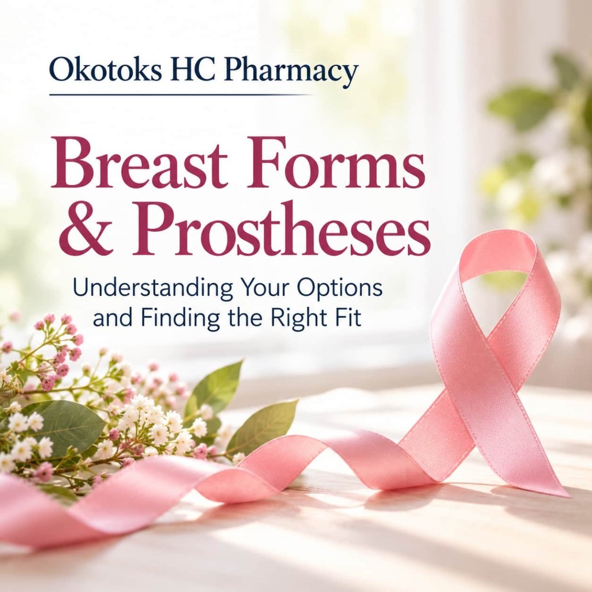 Pink breast cancer awareness ribbon with Breast Forms and Prostheses guide title from Okotoks HC Pharmacy.