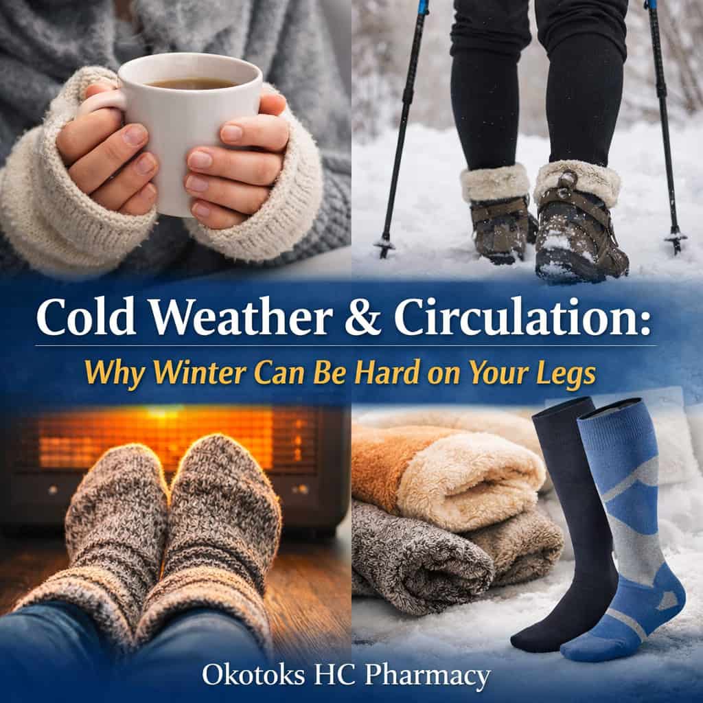 Cold weather circulation and leg health illustration showing winter walking, warm socks, and compression stockings to support circulation.