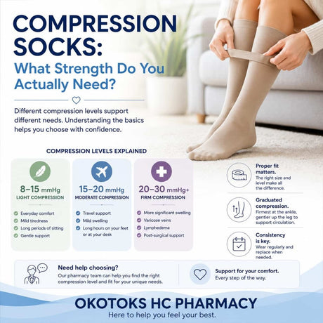 Guide explaining different compression sock strengths including 8–15, 15–20, and 20–30 mmHg support levels