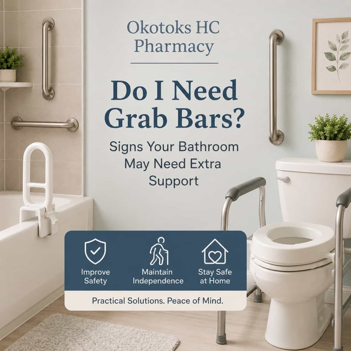 Bathroom grab bars, toilet safety frame, and bathtub support rail helping improve bathroom safety and independence at home