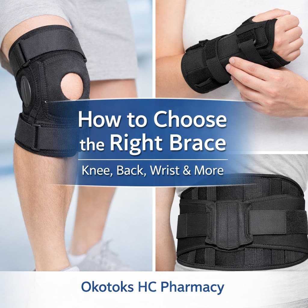 Knee, wrist, and back braces showing different types of support with text “How to Choose the Right Brace” by Okotoks HC Pharmacy