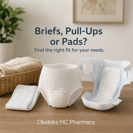 Incontinence briefs, pull-up underwear and pads displayed together to help compare different types of bladder protection.