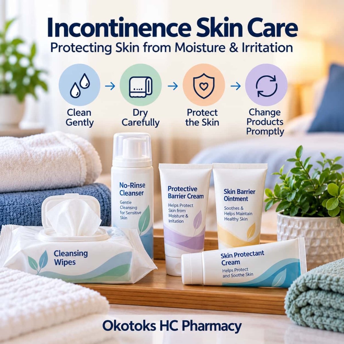 Incontinence skin care routine showing gentle cleansing, drying, barrier protection and timely product changes to help protect skin from moisture and irritation.