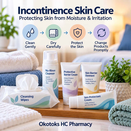 Incontinence skin care routine showing gentle cleansing, drying, barrier protection and timely product changes to help protect skin from moisture and irritation.