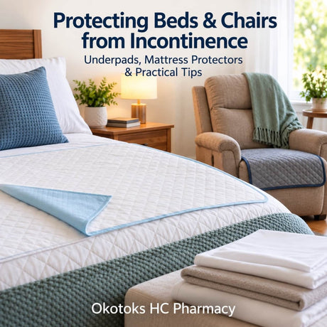 Reusable underpads protecting a bed and chair as part of an incontinence care setup at home.