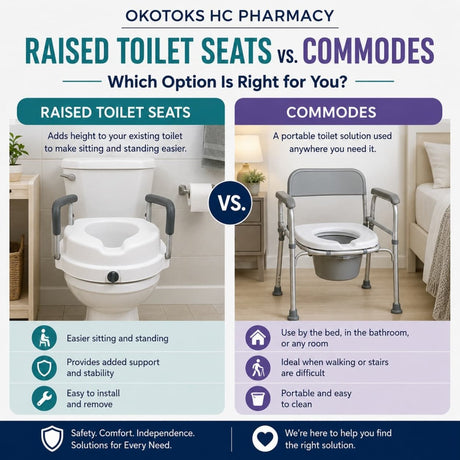 Guide comparing raised toilet seats and commodes for individuals recovering from surgery, managing mobility challenges, or seeking safer bathroom solutions