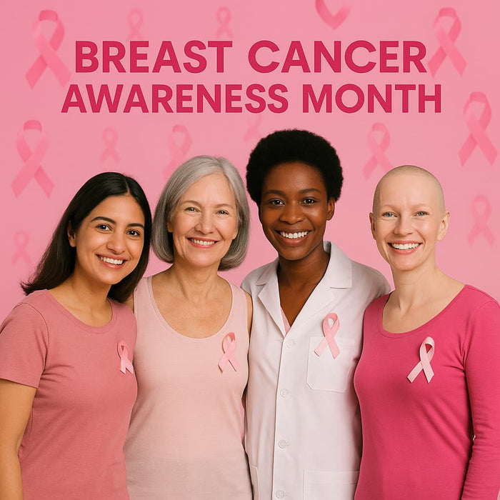 Four women wearing pink clothing with “October – Breast Cancer Awareness Month” text overlay, symbolizing unity and support.