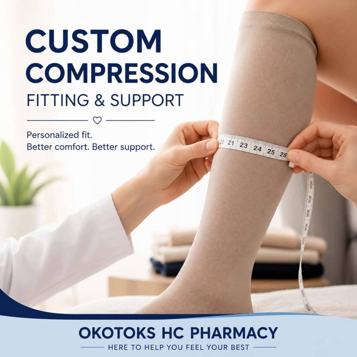 Professional custom compression fitting with measuring tape for personalized leg support and compression garment fitting