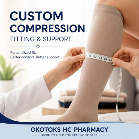 Professional custom compression fitting with measuring tape for personalized leg support and compression garment fitting