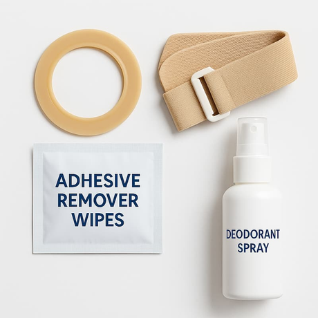 Flat lay of ostomy accessories including a barrier ring, adhesive remover wipes, support belt, and deodorant spray on a white background.