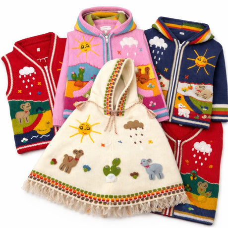Colorful kids knitted sweaters with embroidery, including hoodies, poncho, and vest, available at Okotoks HC Pharmacy boutique clothing collection
