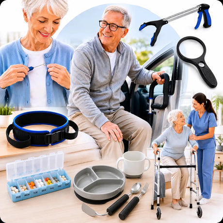 Daily living aids for seniors and independent living including dressing aids, transfer support, pill organizers, adaptive kitchen utensils, mobility aids, reachers, and magnifiers designed to support safe and comfortable daily activities.