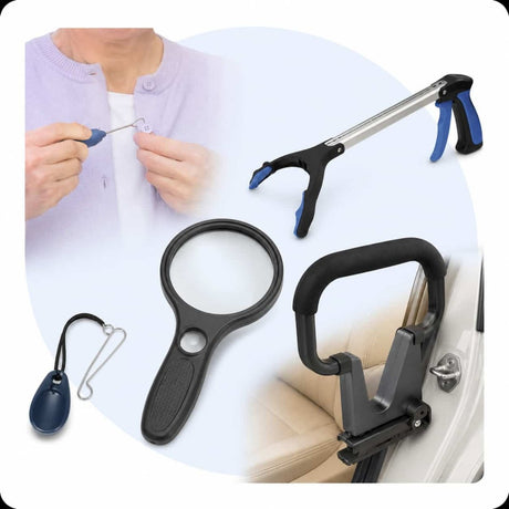Assistive daily living aids including a dressing hook, reacher grabber, handheld magnifier, and car transfer support handle designed to support independence, mobility, and personal care.