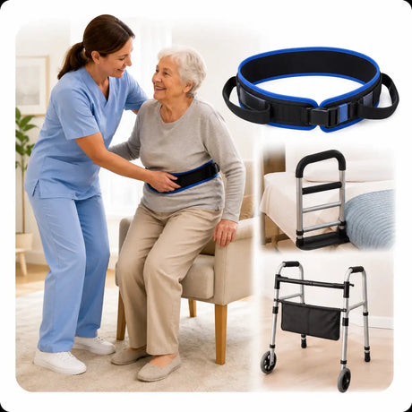 Caregiver assisting an older adult using a transfer belt alongside fall prevention and mobility support aids including a bed rail and walker for safe patient transfers and daily mobility support.