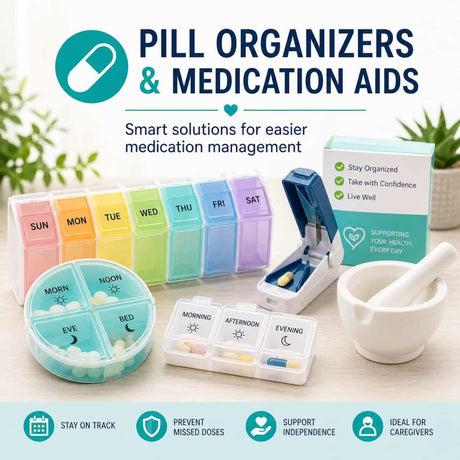 Pill organizers and medication aids including weekly dosettes, pill cutter, and pill crusher displayed on a clean pharmacy countertop