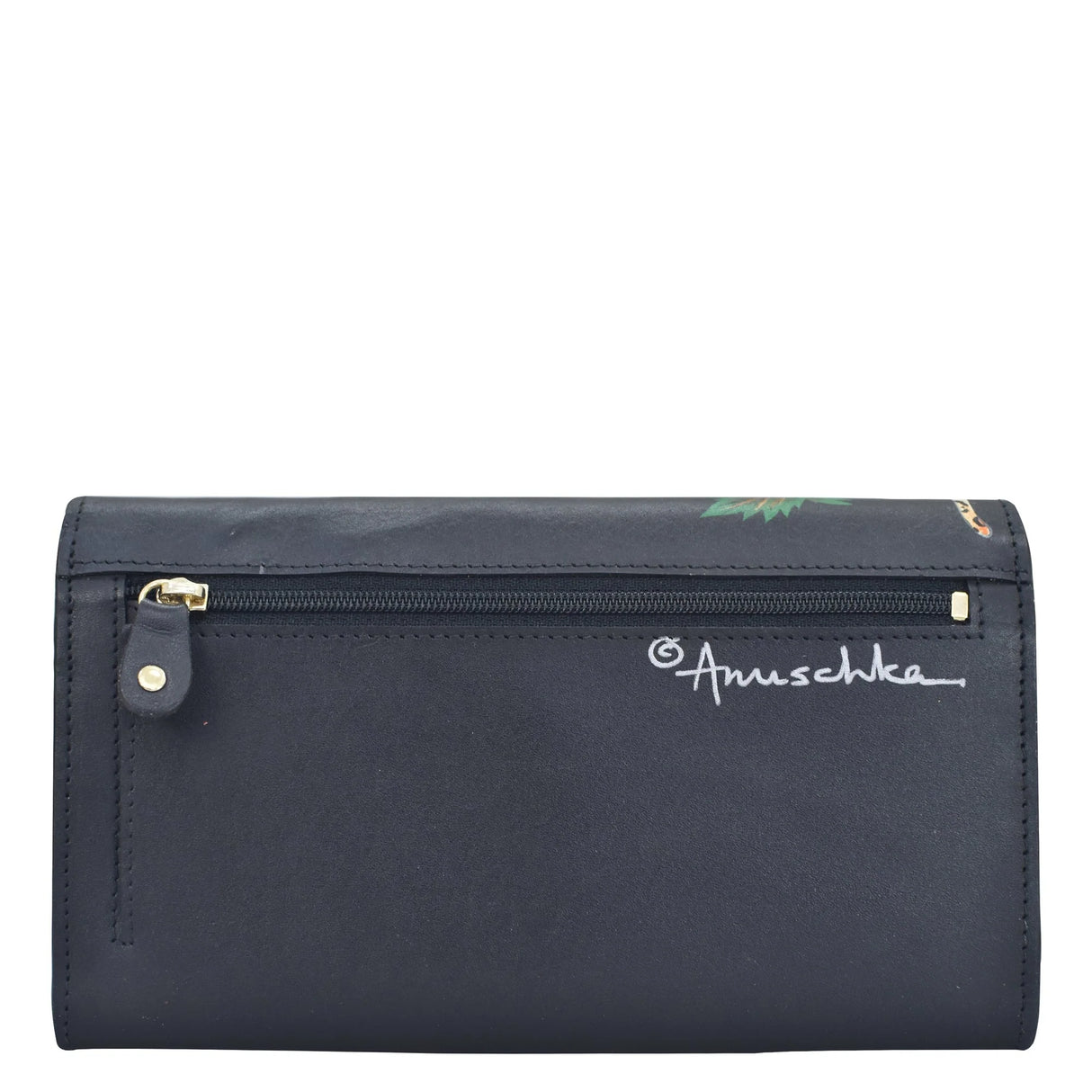 Black pouch with gold zipper and 'Anuschka' branding on a white background - okotoks hc pharmacy