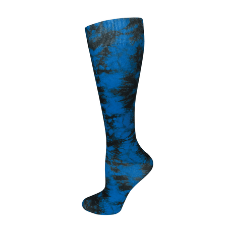 Blue and black tie-dye knee-high sock on a white background - okotoks hc pharmacy