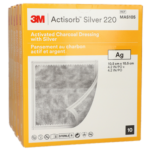 Box of 3M Actisorb Silver 220 with activated charcoal dressing on a white background - okotoks hc pharmacy
