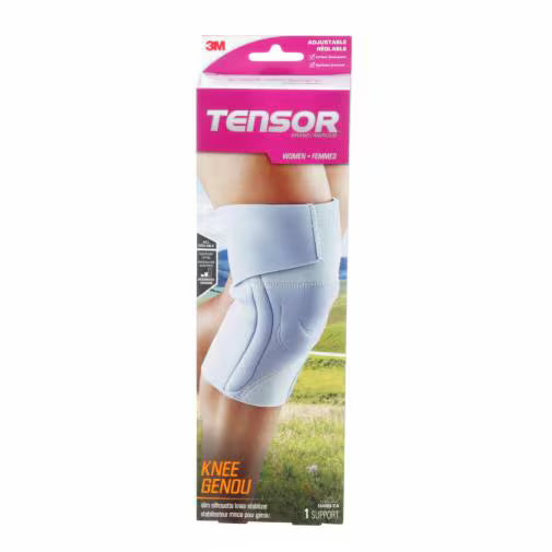 Tensor knee support packaging with a person wearing the support on a white background - okotoks hc pharmacy