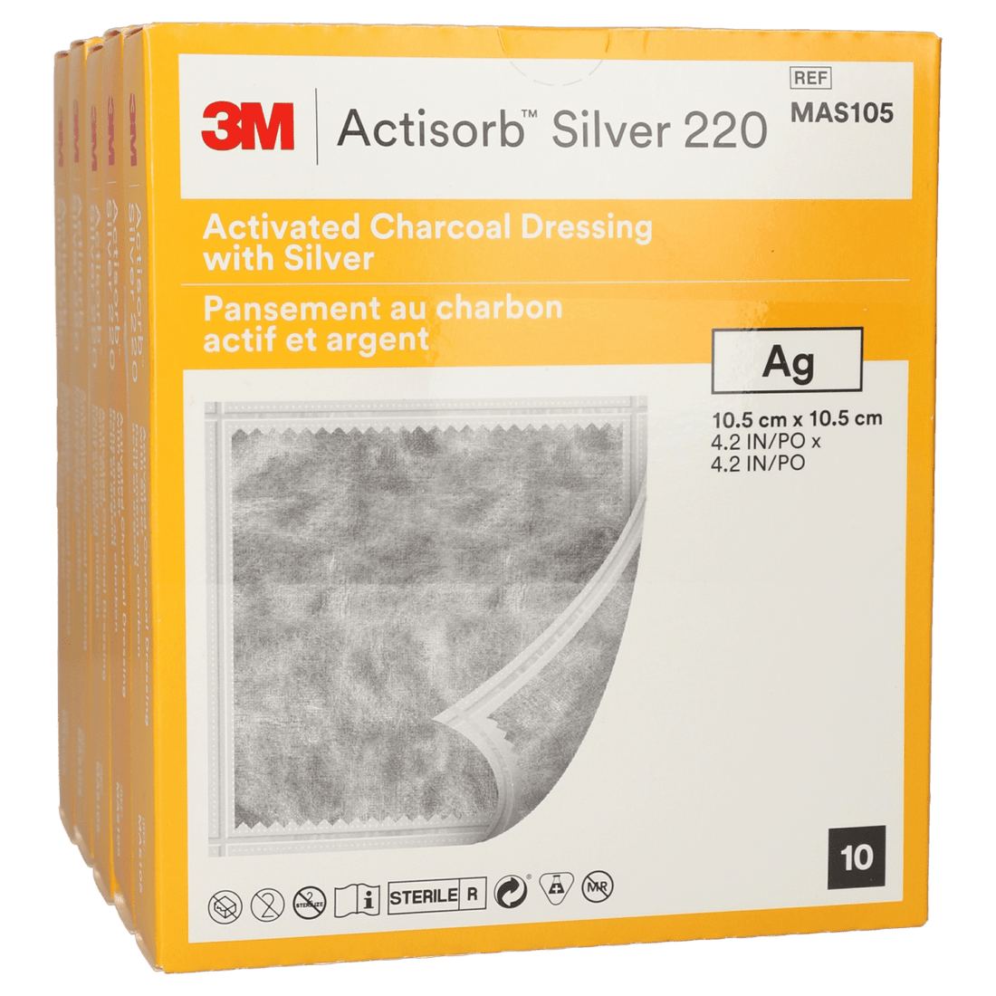 Box of 3M Actisorb Silver 220 with activated charcoal dressing on a white background - okotoks hc pharmacy