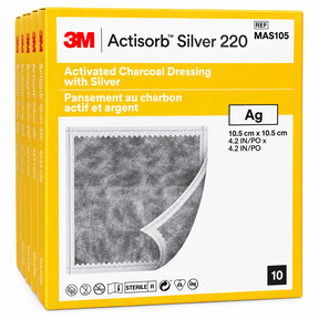 Box of 3M Actisorb Silver 220 with activated charcoal dressing on a white background - okotoks hc pharmacy